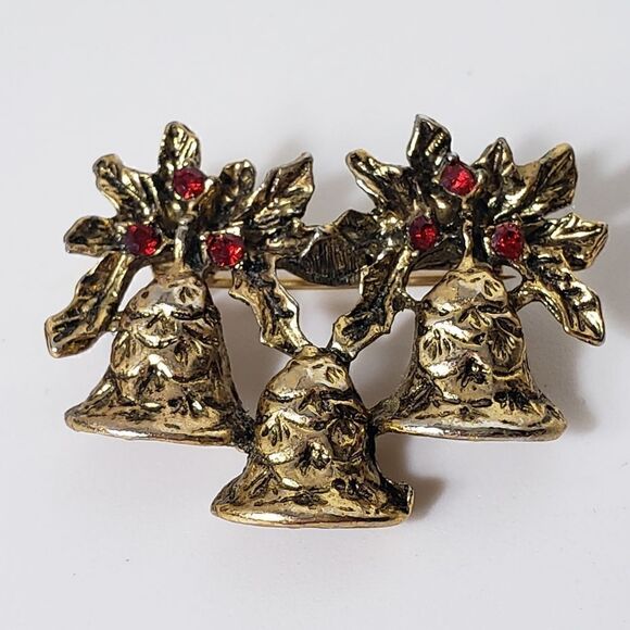 Vintage Christmas Holiday Bells Embellished Pin Brooch - Picture 3 of 5